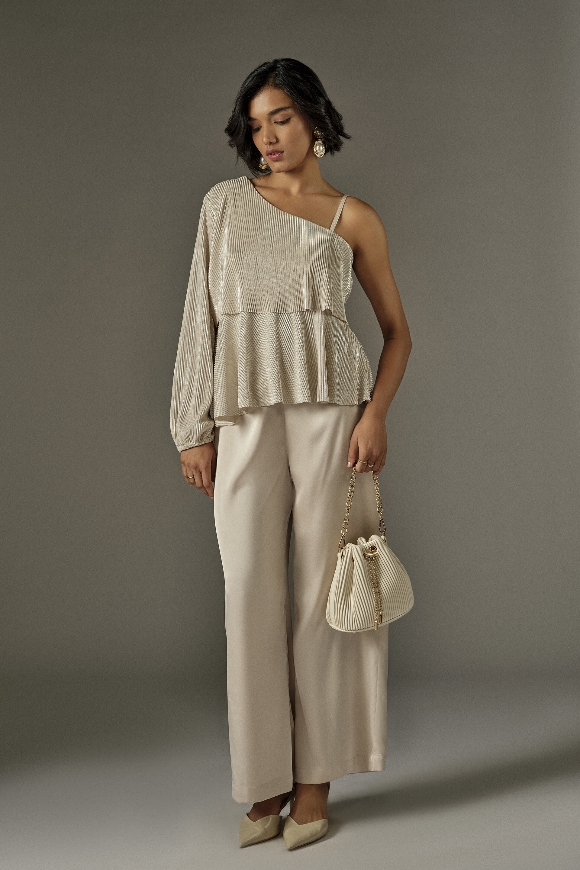 Accordion Pleated Layerd Top in Cream, White, image 5